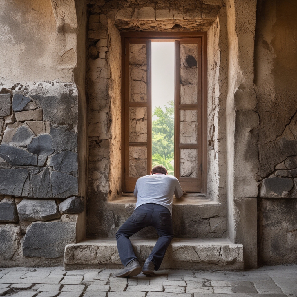 Człowiek w spokojnej pozycji rozciągającej na tle dużego okna, przez które wpada ciepłe poranne światło tworzące długie cienie na drewnianej podłodze