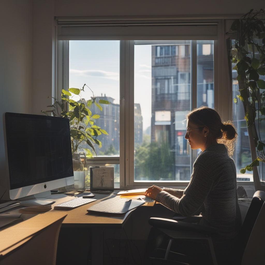 Osoba siedząca przy biurku w wyprostowanej, zrównoważonej pozycji, otoczona naturalnym światłem wpadającym przez okno biurowe z widokiem na miasto